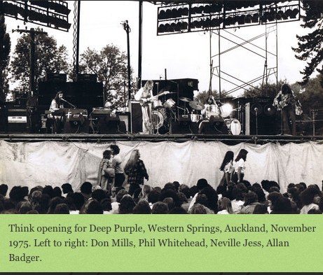 Think opening for Deep Purple, Western Springs, Auckland, November 1975. Left to right: Don Mills, Phil Whitehead, Neville Jess, Allan Badger.